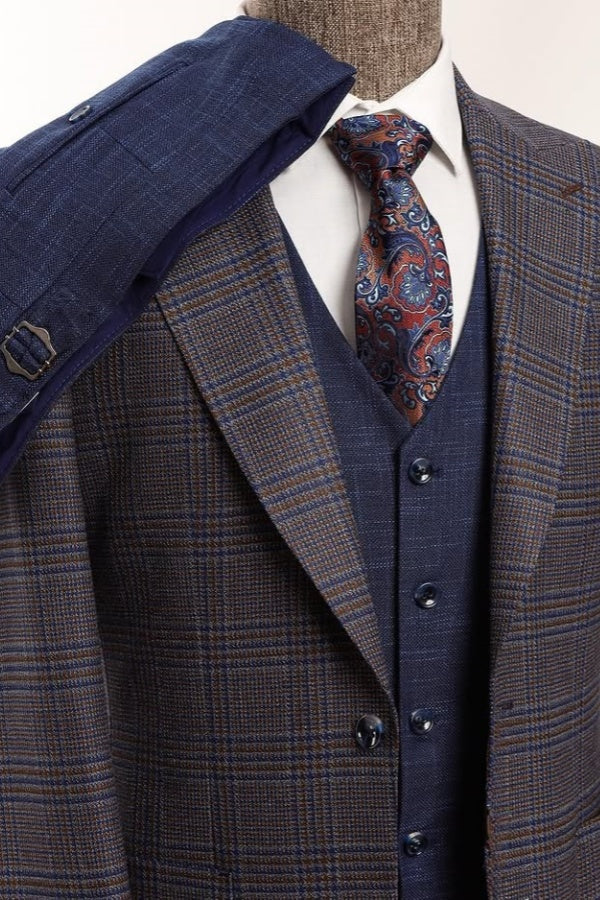 Modern Brown Plaid Newest Slim Fit Men Suits With Blue Waistcaot