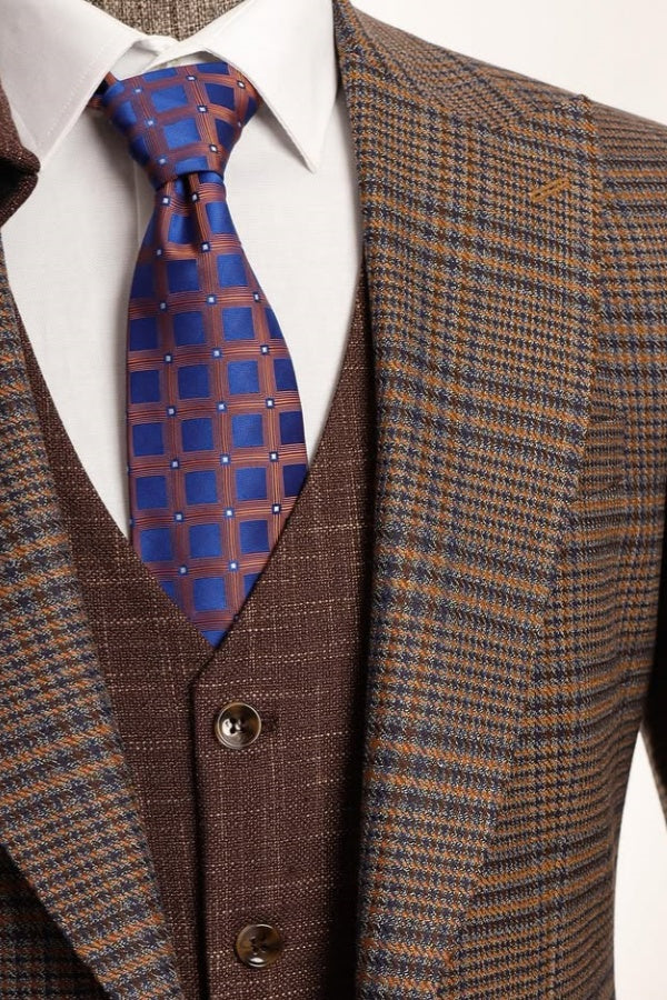 Stylish Brown New Arrival Plaid 3 Pieces Men Business Suits