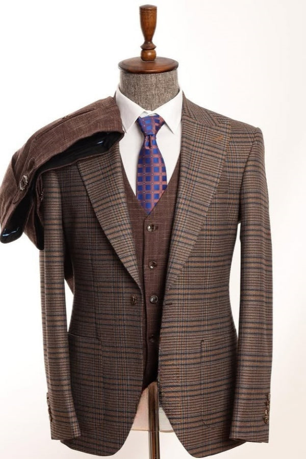Stylish Brown New Arrival Plaid 3 Pieces Men Business Suits