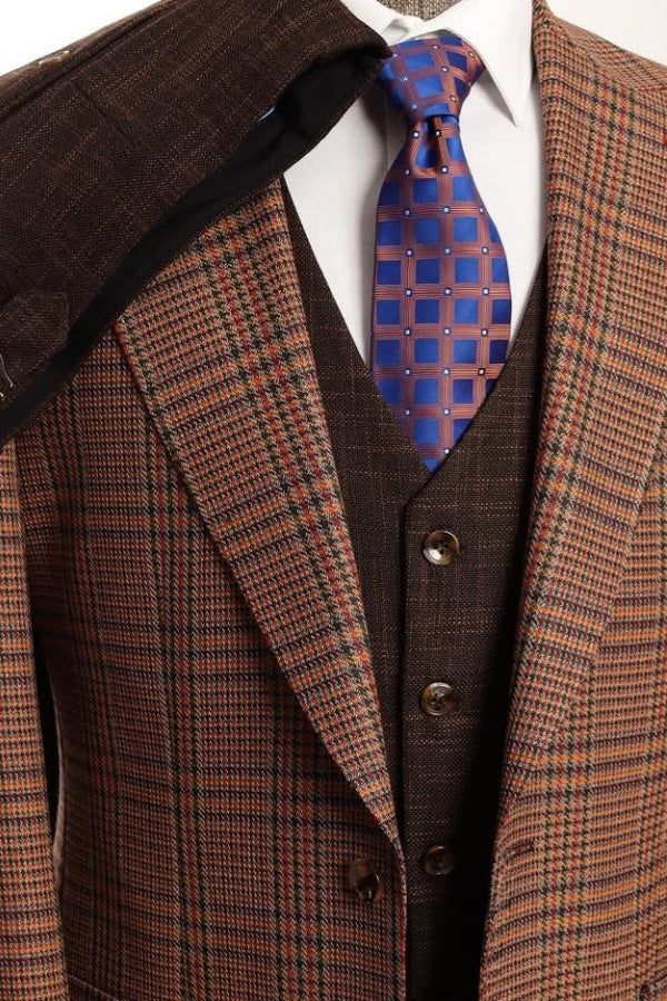Fancy Reddish Brown Plaid Peaked Lapel 3 Pieces Men Suits