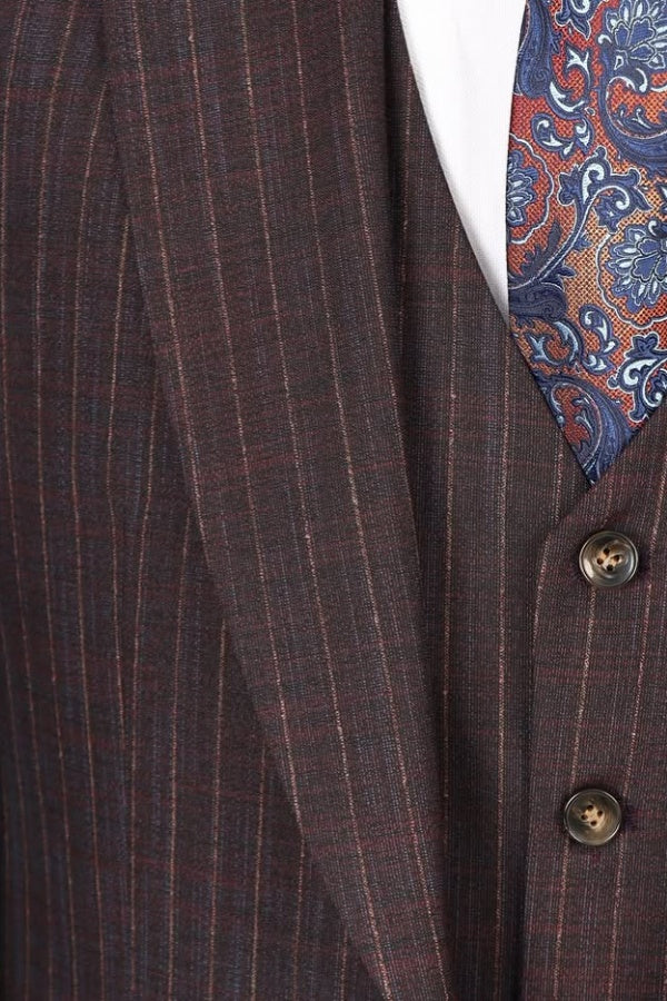 Fashion Dark Burgundy Newest Stripe Formal Suits For Men With Waistcoat