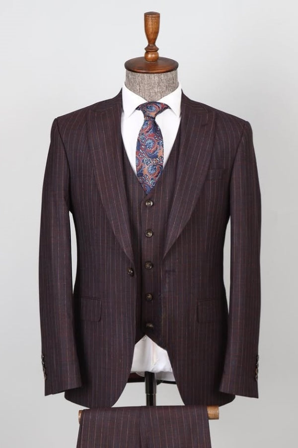 Fashion Dark Burgundy Newest Stripe Formal Suits For Men With Waistcoat