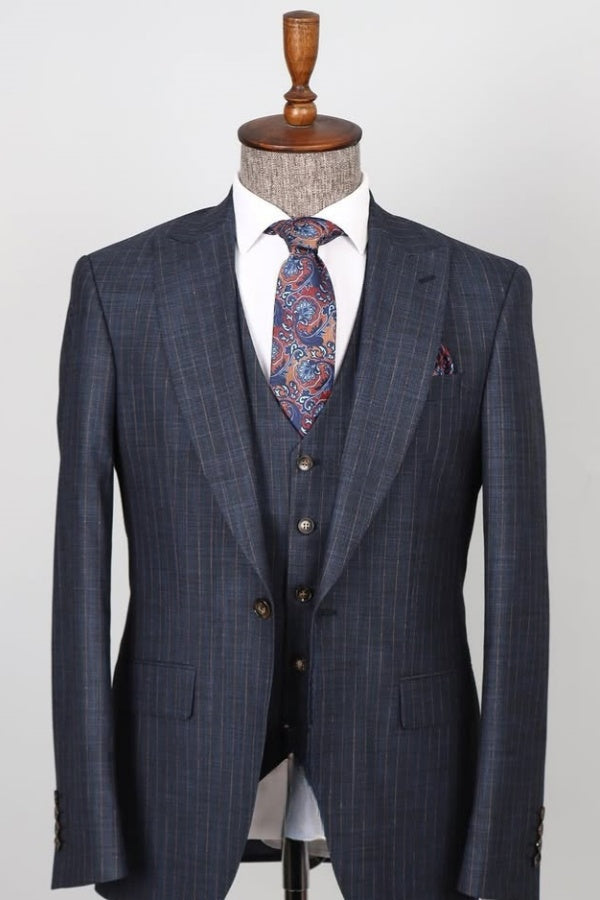Newest Blue Stripe Fancy Slim Fit Men Suits With Waistcoat