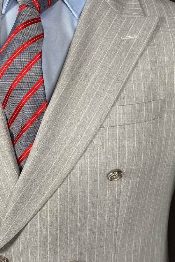 Chic Light Gray Bespoke Stripe Double Breasted Suits For Men