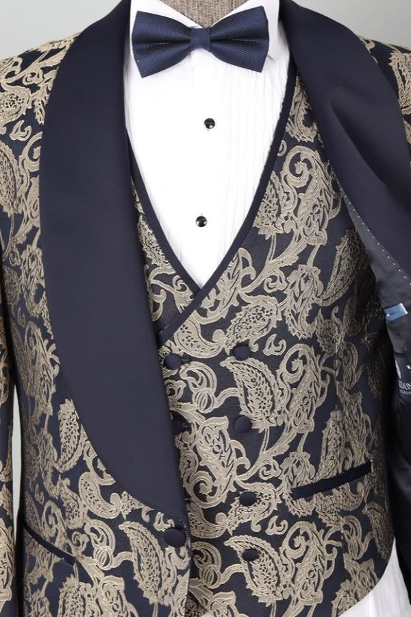 Fashion Dark Blue Bespoke Jacquard Shawl Lapel 3 Pieces Men Suits