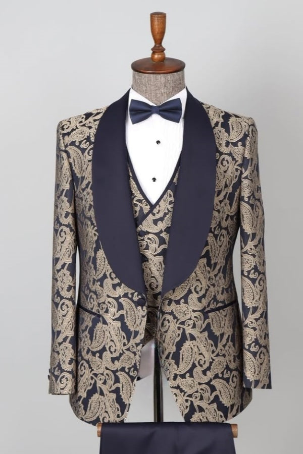 Fashion Dark Blue Bespoke Jacquard Shawl Lapel 3 Pieces Men Suits