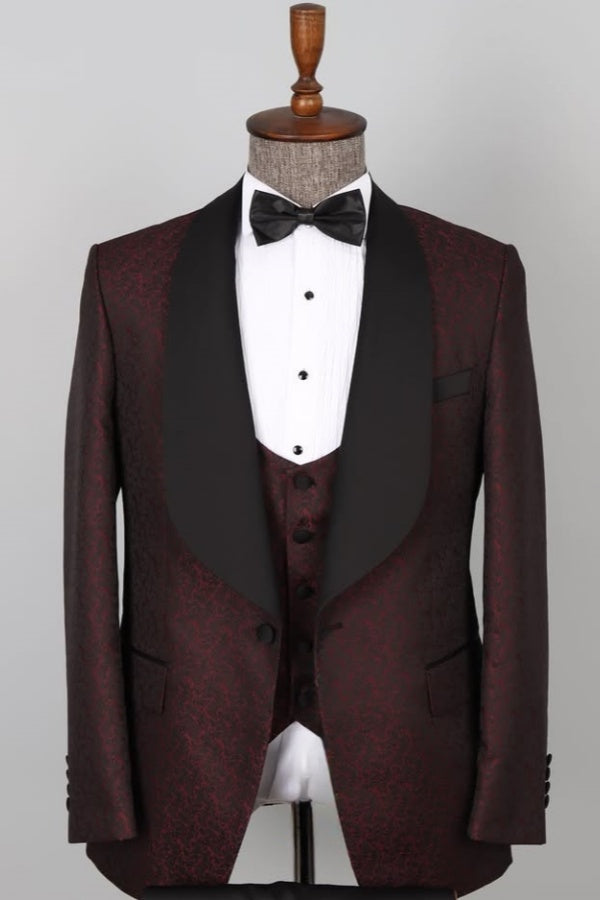 Glamorous 3 Pieces Burgundy Newest Jacquard Shawl Lapel Men's Wedding Suits