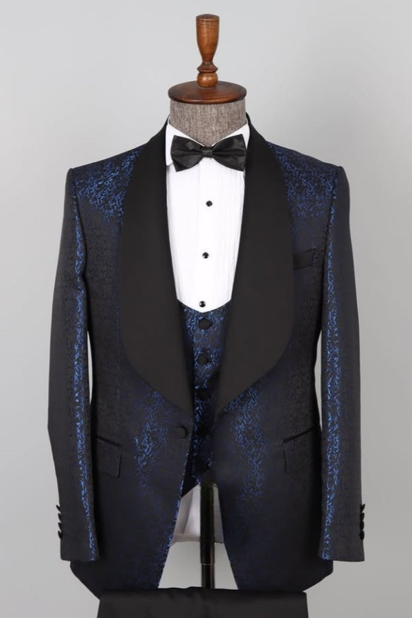 Fashion Blue Jacquard Shawl Lapel Wedding Suits For Men With Waistcoat