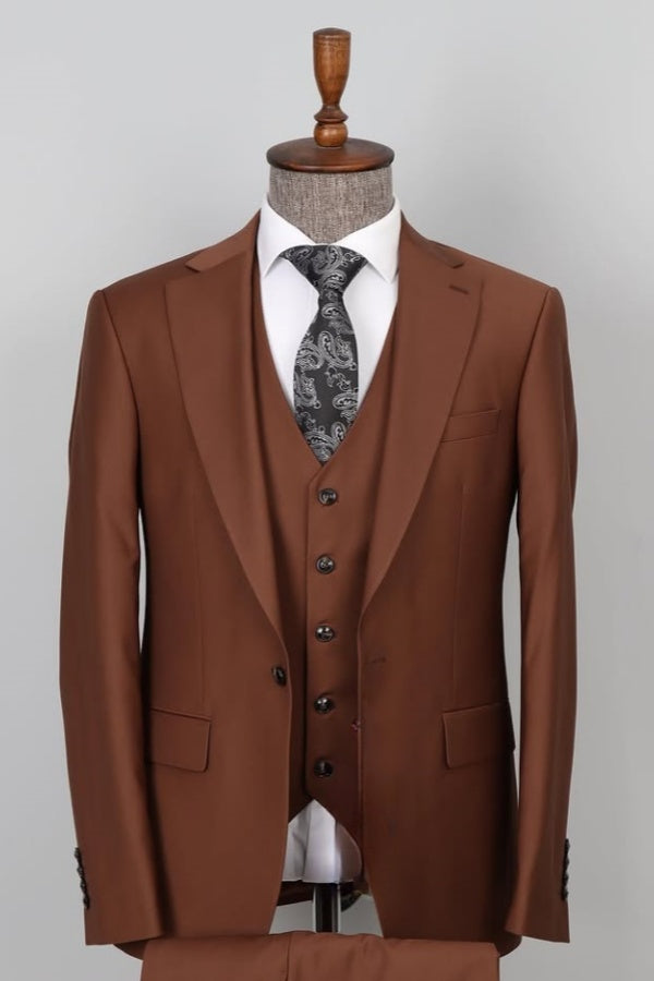 Stylish Brown Bespoke Notched Lapel 3 Pieces Business Men Suits