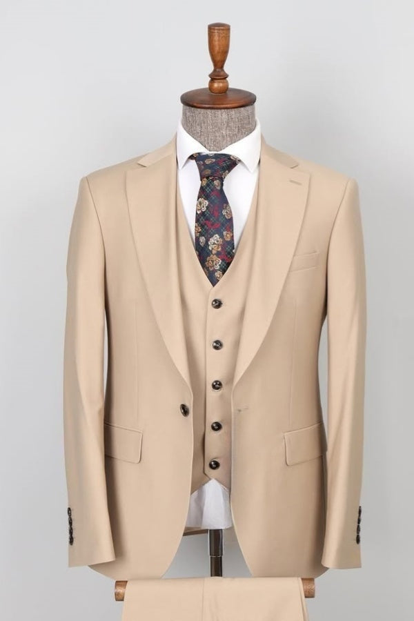 Modern Beige Notched Lapel Men's Business Suits With Waistcoat