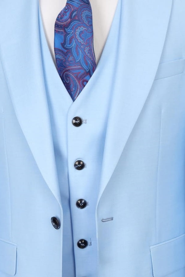 Sky Blue Fancy Notched Lapel Formal Suits With Waistcoat