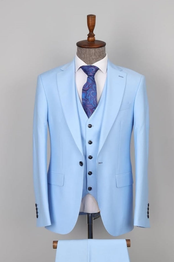 Sky Blue Fancy Notched Lapel Formal Suits With Waistcoat