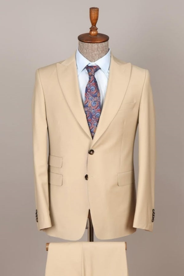 Stylish Beige Peaked Lapel Bespoke Slim Fit Business Men Suits
