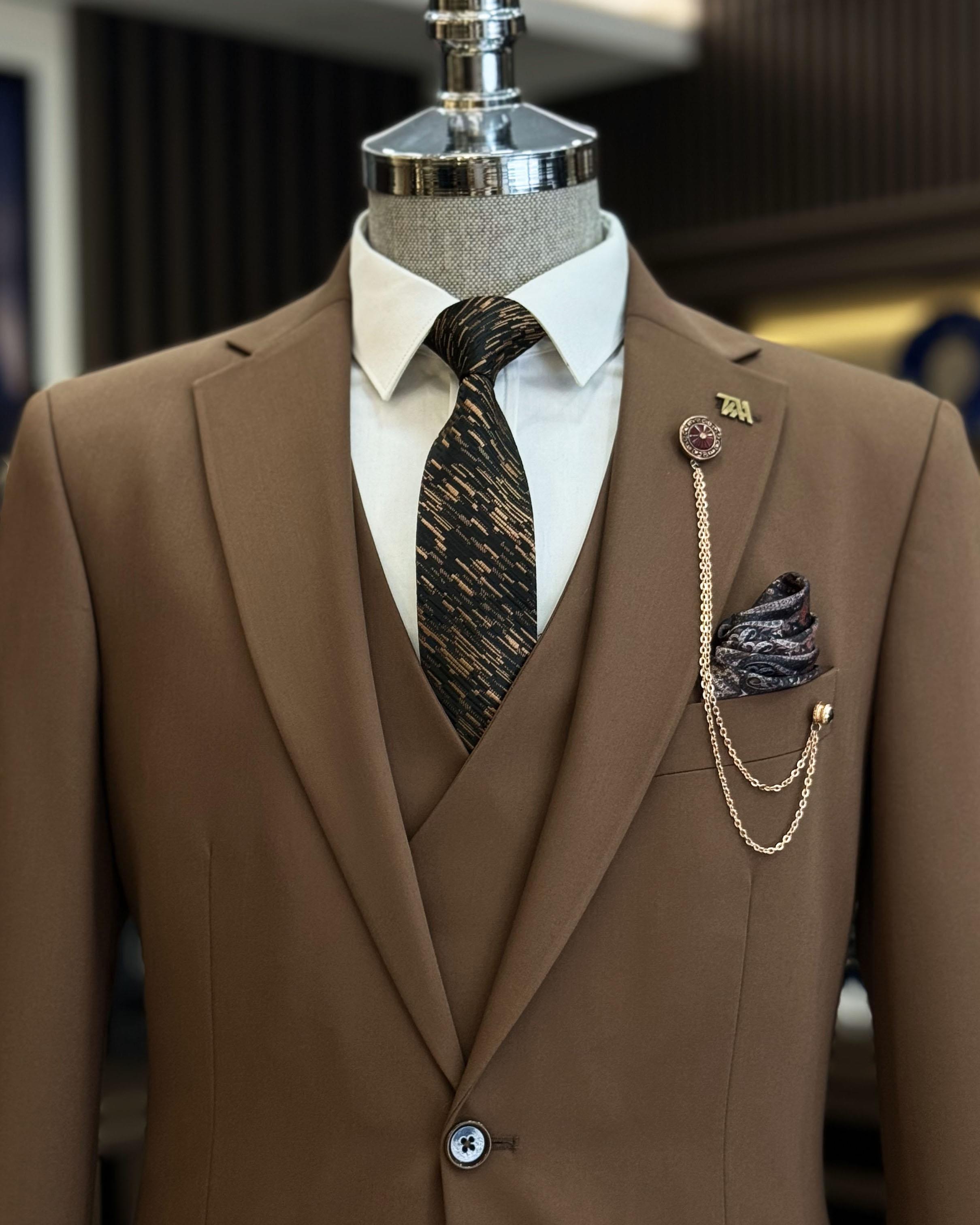 Modern Dark Brown Formal Suits With Waistcoat