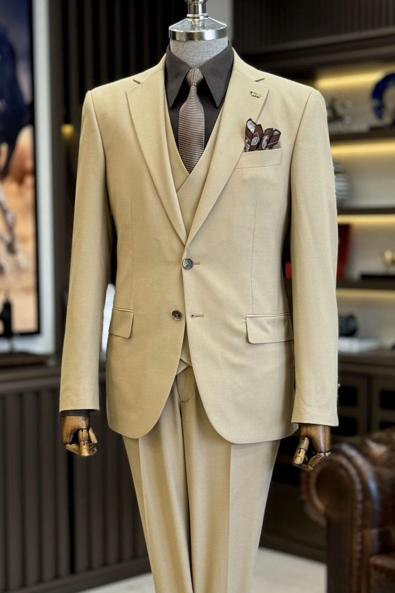 Stylish Light Khaki Close Fitting Men’s Formal Suits With Waistcoat