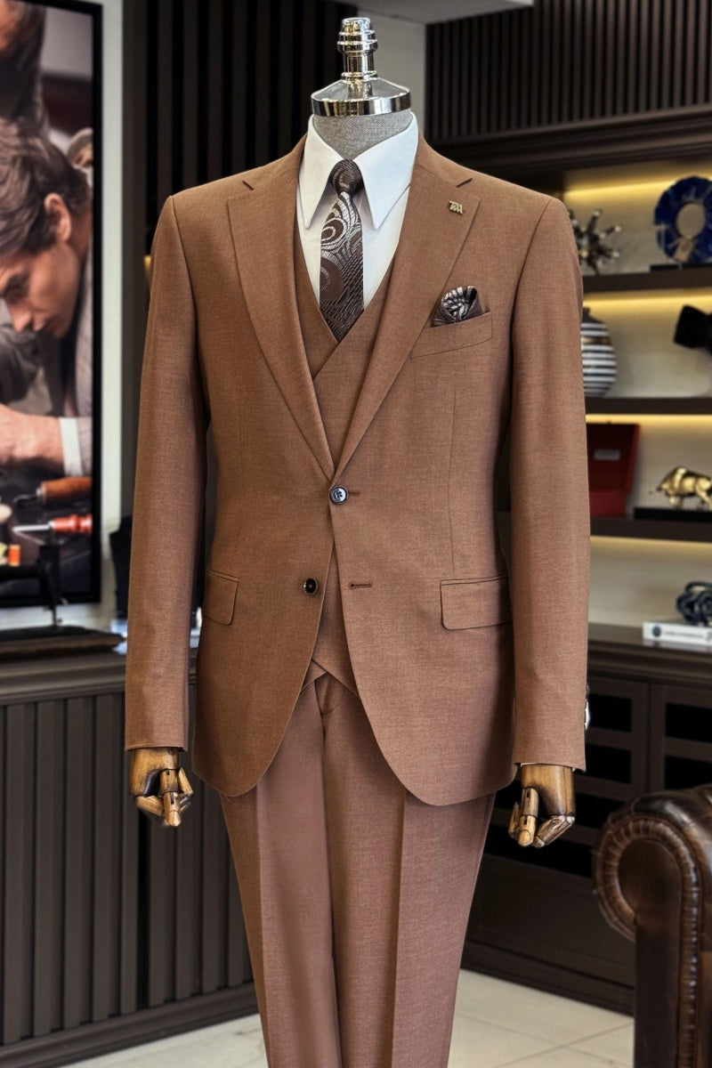 Modern Brown Slim Fit Business Suits For Men With Waistcoat