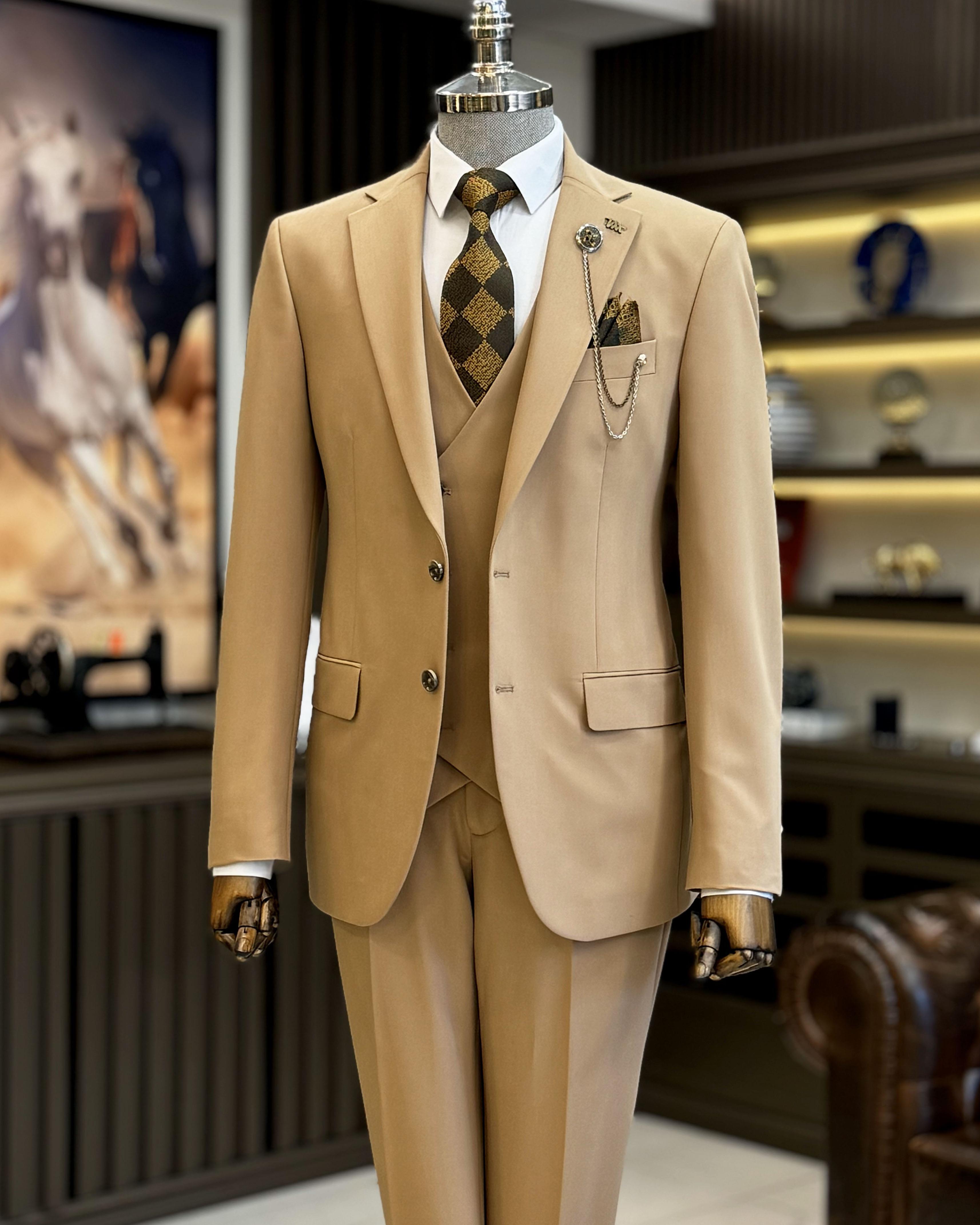 Glamorous Khaki 3 Pieces Close Fitting Suits For Men