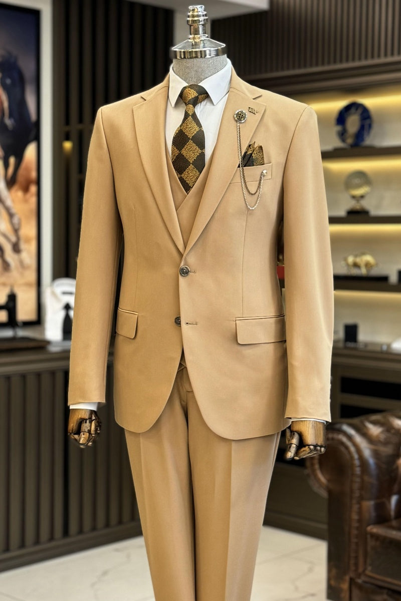 Glamorous Khaki 3 Pieces Close Fitting Suits For Men