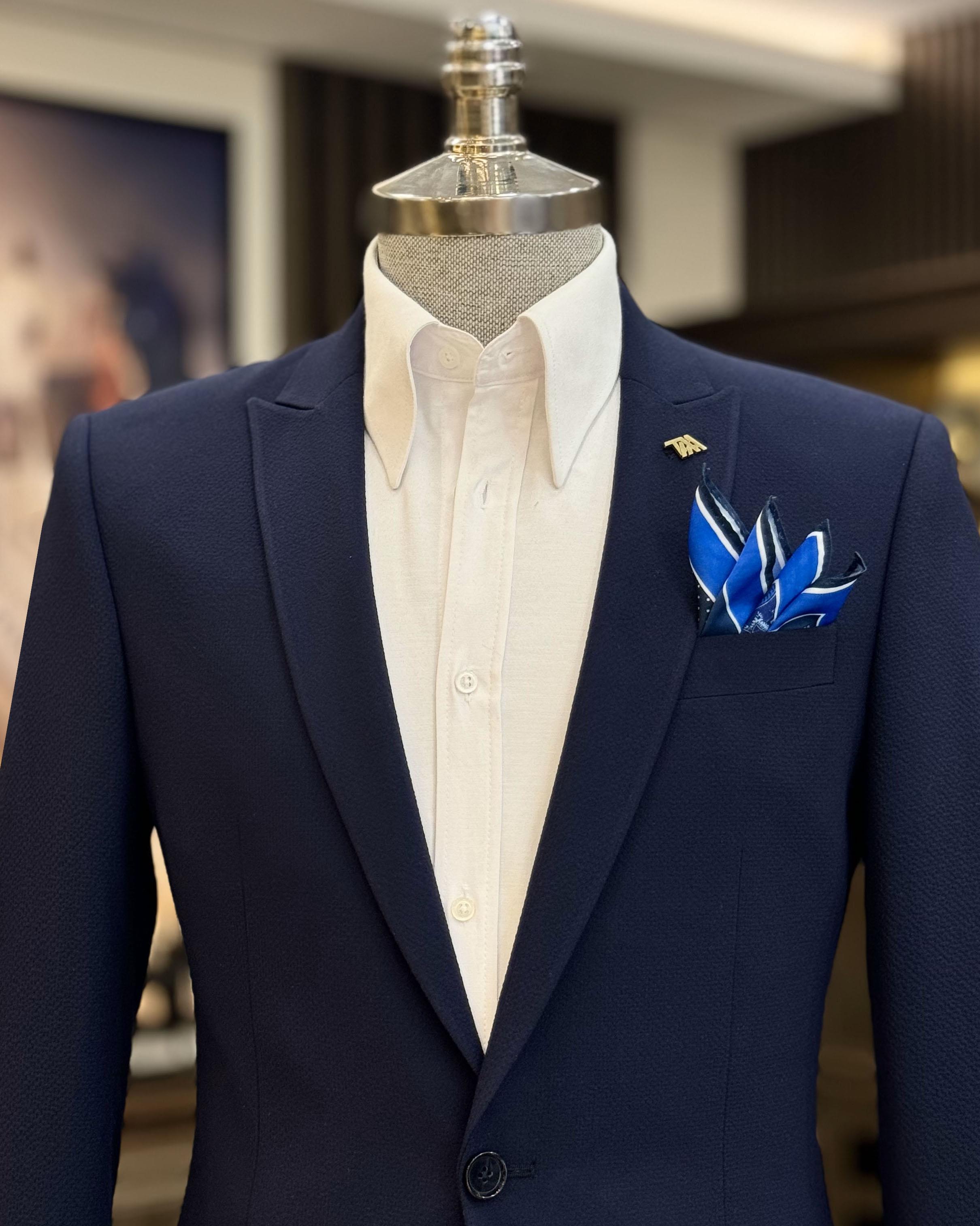 Modern Dark Blue Slim Fitting Men’s Prom Suits