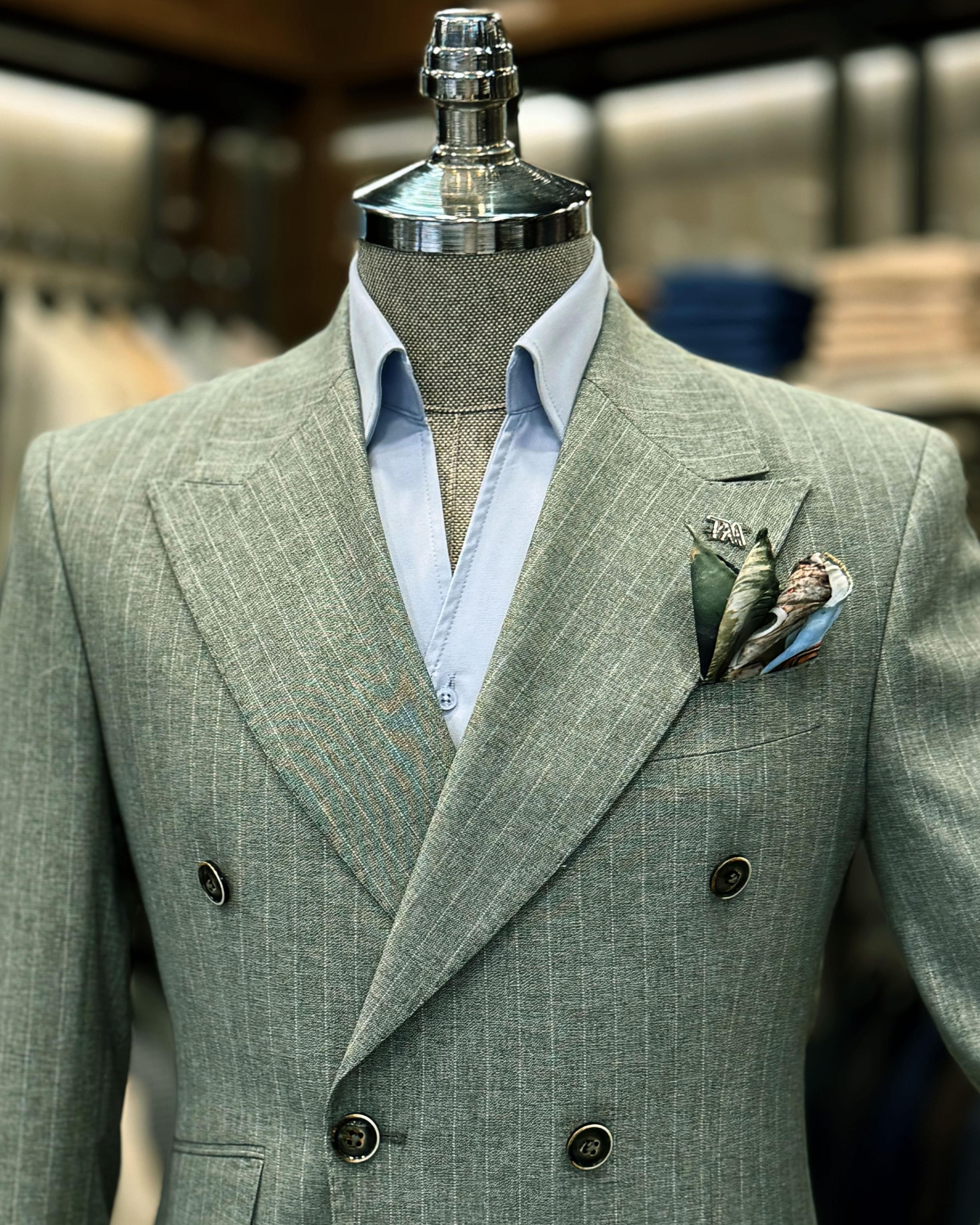 Modern Light Gray Green Pinstripe Double Breasted Men’s Formal Suits
