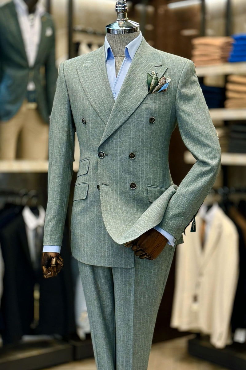 Modern Light Gray Green Pinstripe Double Breasted Men’s Formal Suits