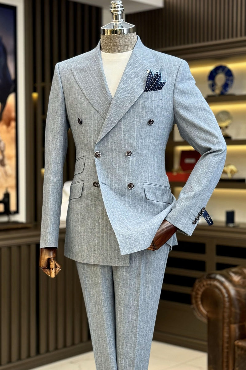 Stylish Light Gray Striped Double Breasted Business Suits For Men
