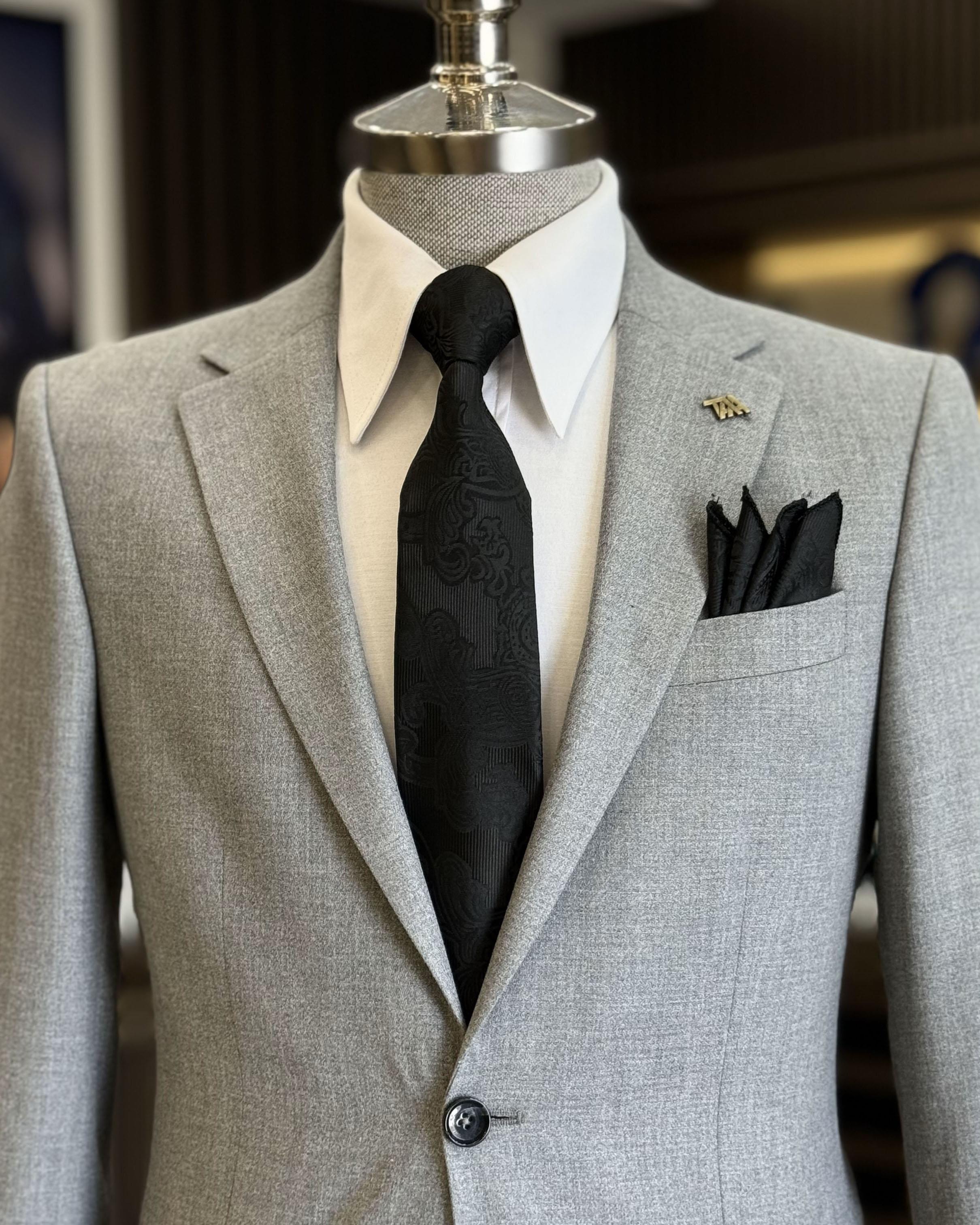 Stylish Light Gray Notched Lapel Close Fitting Formal Suits For Men
