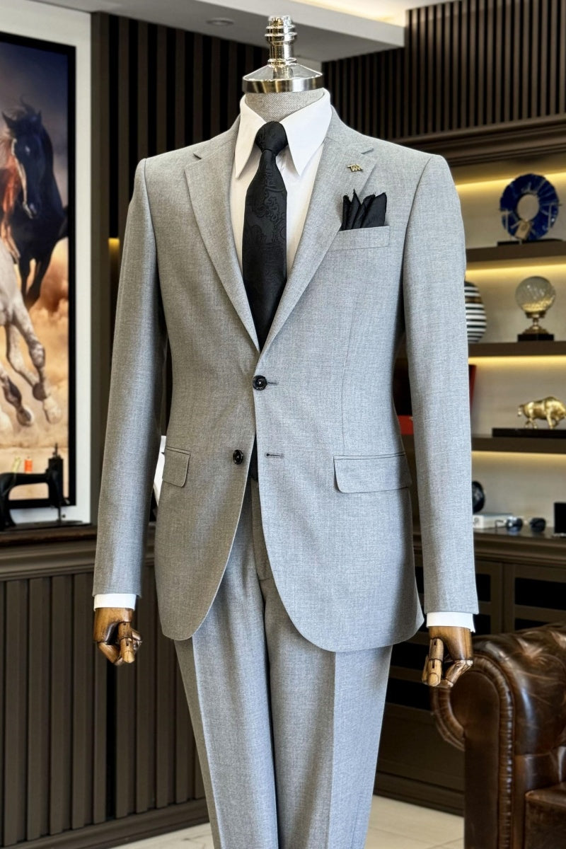 Stylish Light Gray Notched Lapel Close Fitting Formal Suits For Men