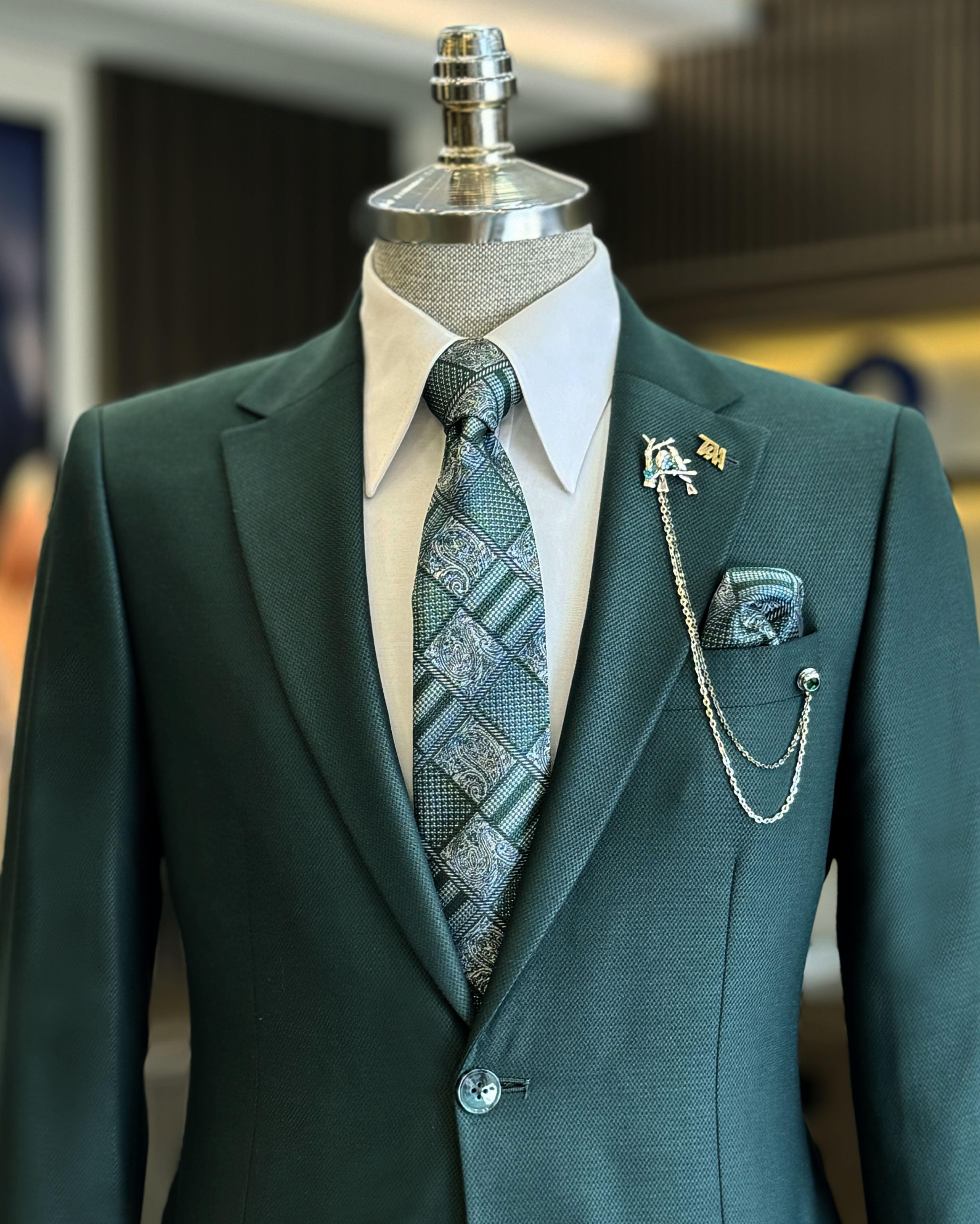 Modern Dark Green Notched Lapel Close Fitting Business Suits