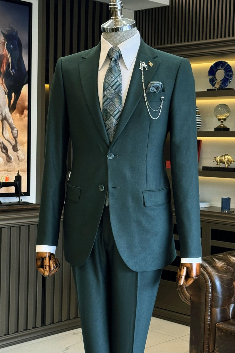 Modern Dark Green Notched Lapel Close Fitting Business Suits