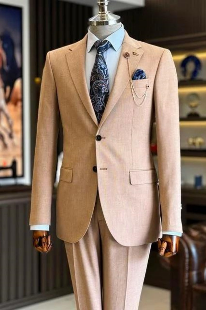 Stylish Light Brown Notched Lapel Close Fitting Business Suits