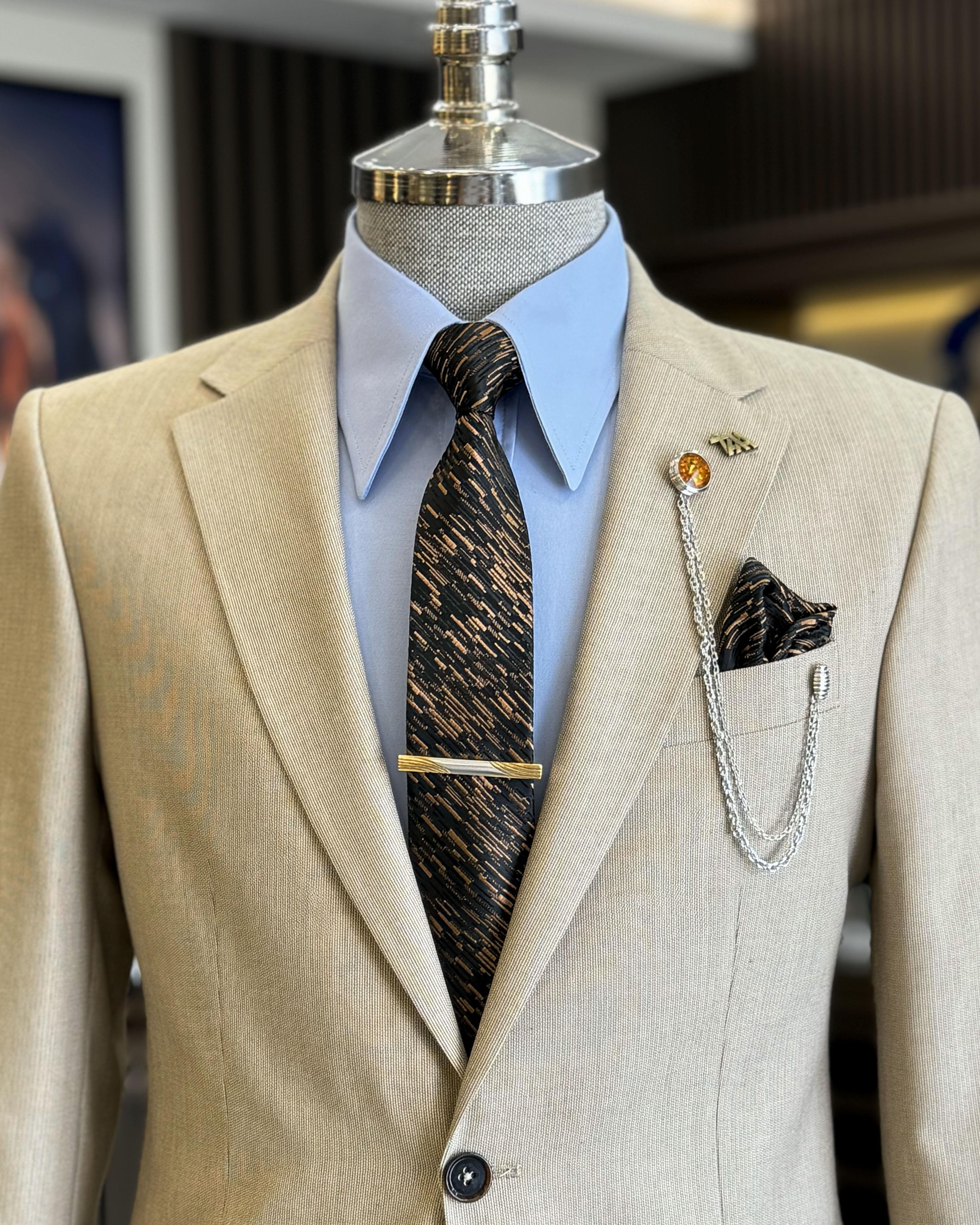 Modern Light Khaki Notched Lapel Slim Fit Men’s Business Suits