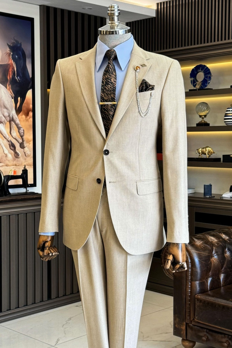 Modern Light Khaki Notched Lapel Slim Fit Men’s Business Suits