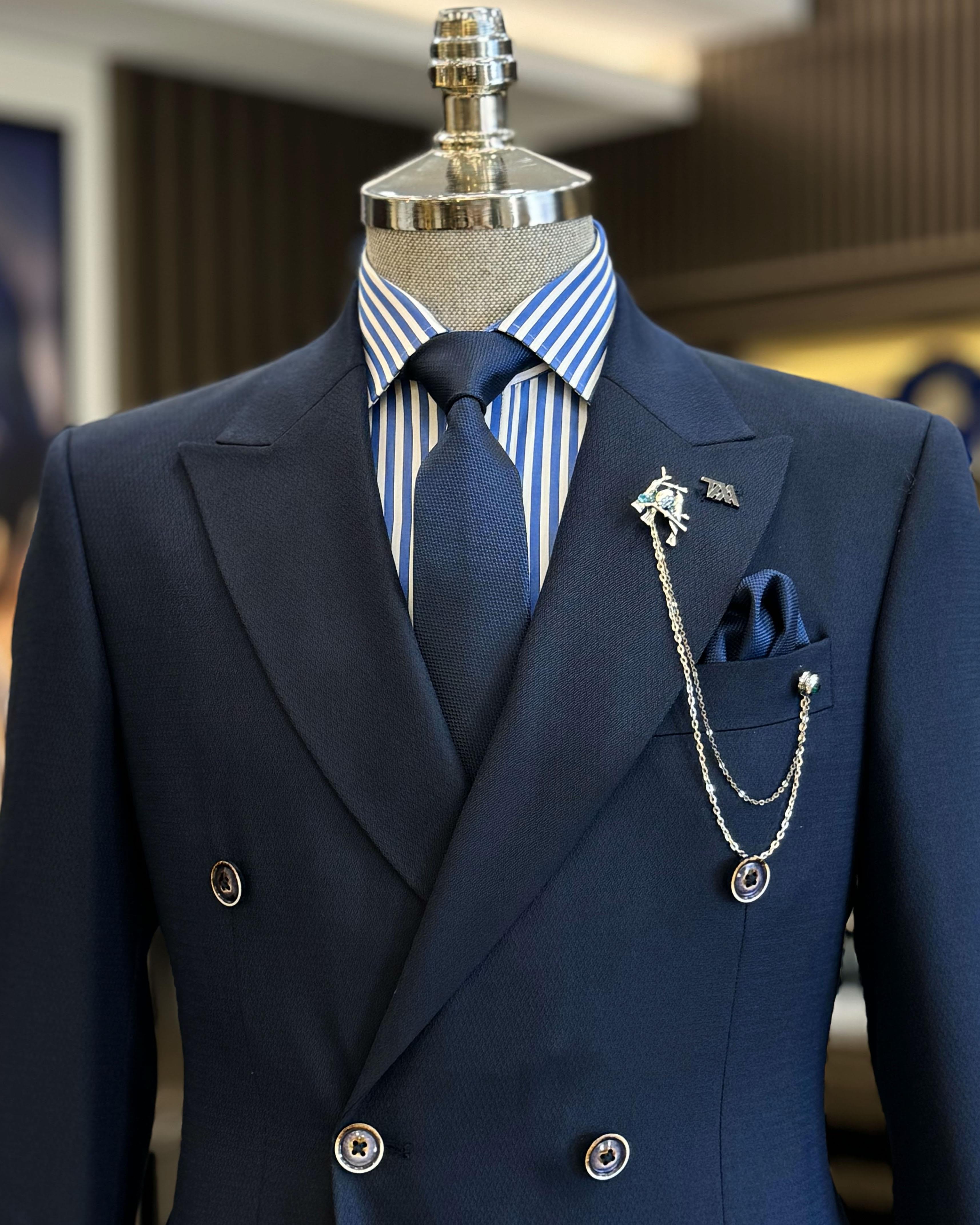 Fancy Dark Blue Double Breasted Close Fitting Formal Suits For Men