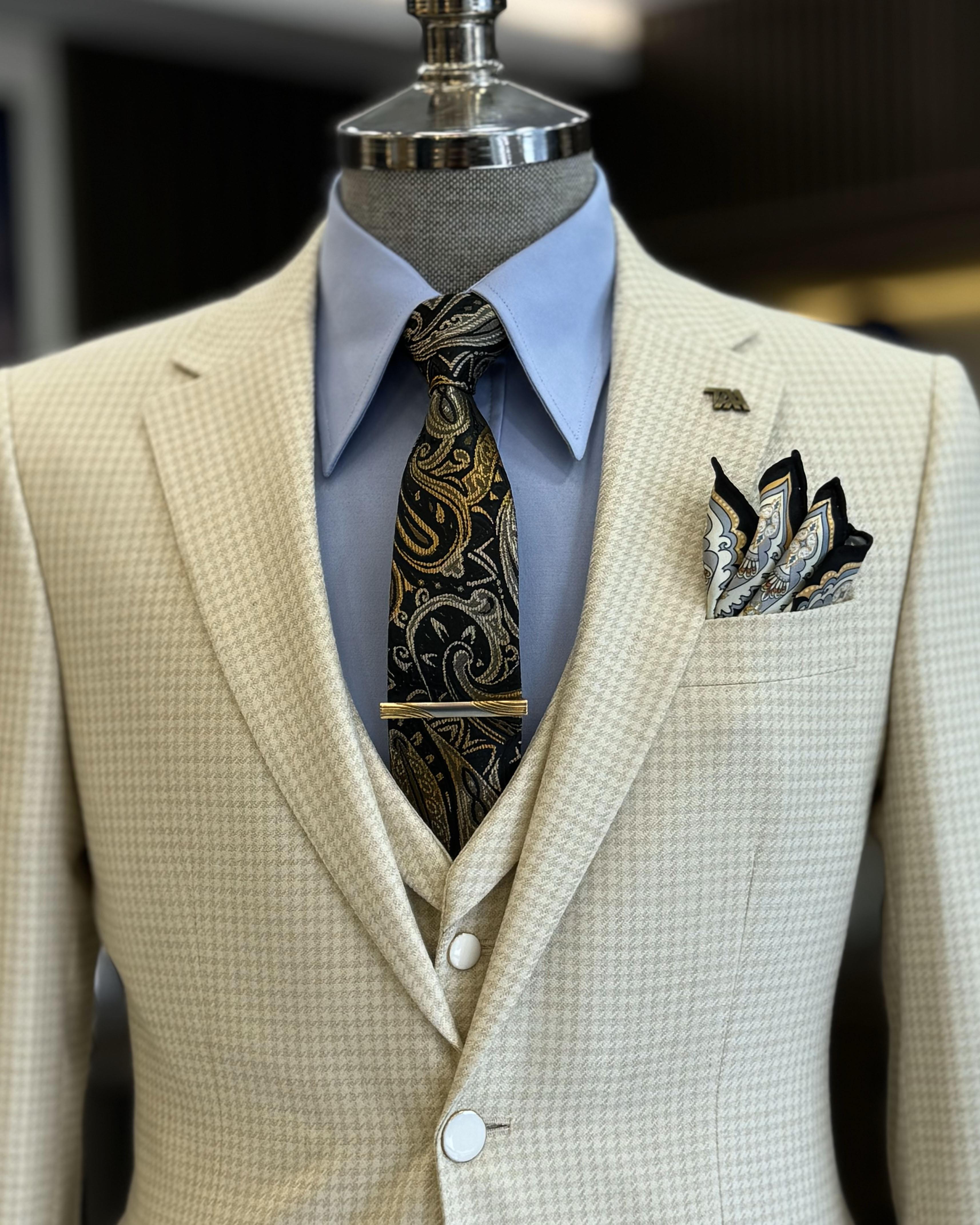 Modern Beige Plaid 3 Pieces Notched Lapel Business Suits