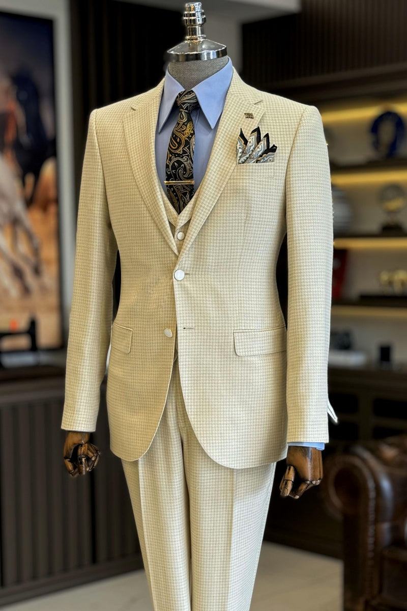 Modern Beige Plaid 3 Pieces Notched Lapel Business Suits