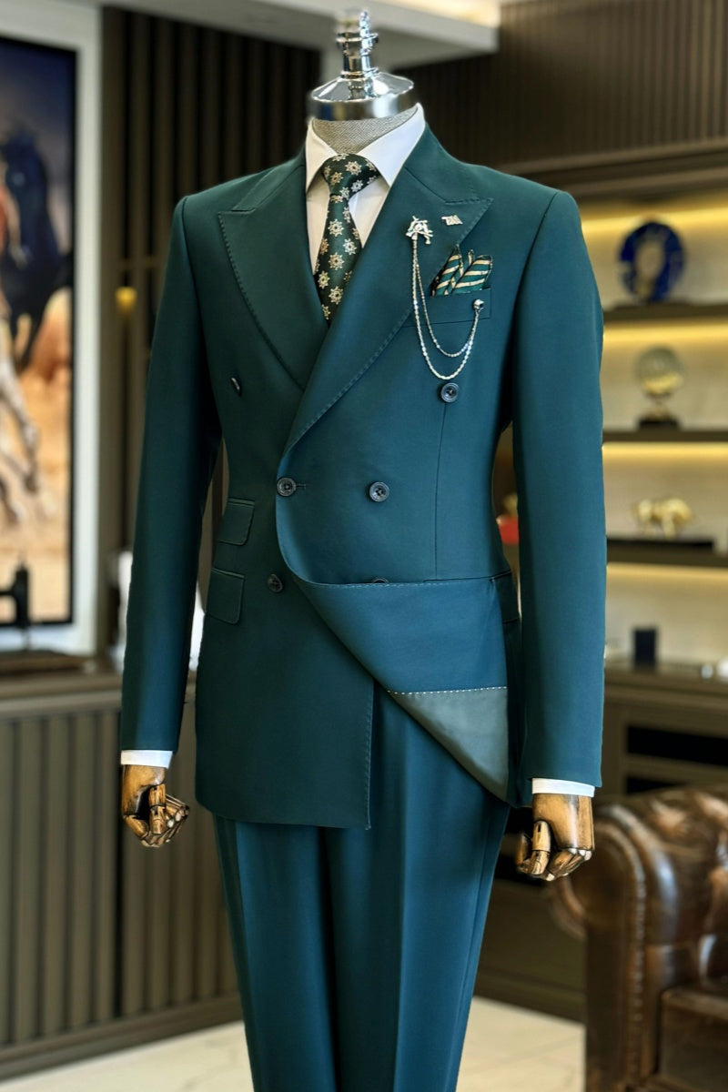 Stylish Dark Green Peaked Lapel Double Breasted Slim Fit Men’s Suits