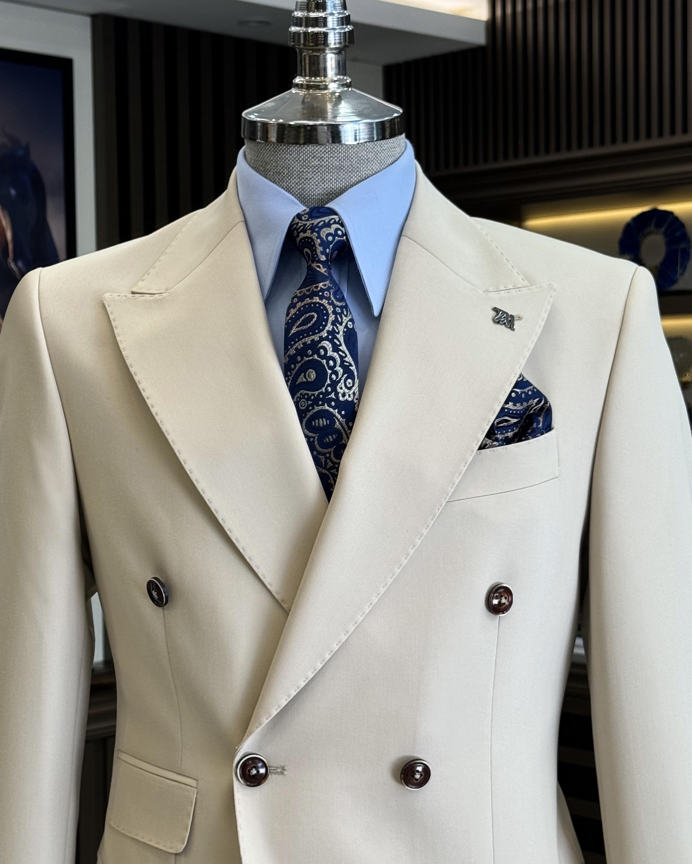 Fancy Off-White Double Breasted Close Fitting Formal Suits For Men