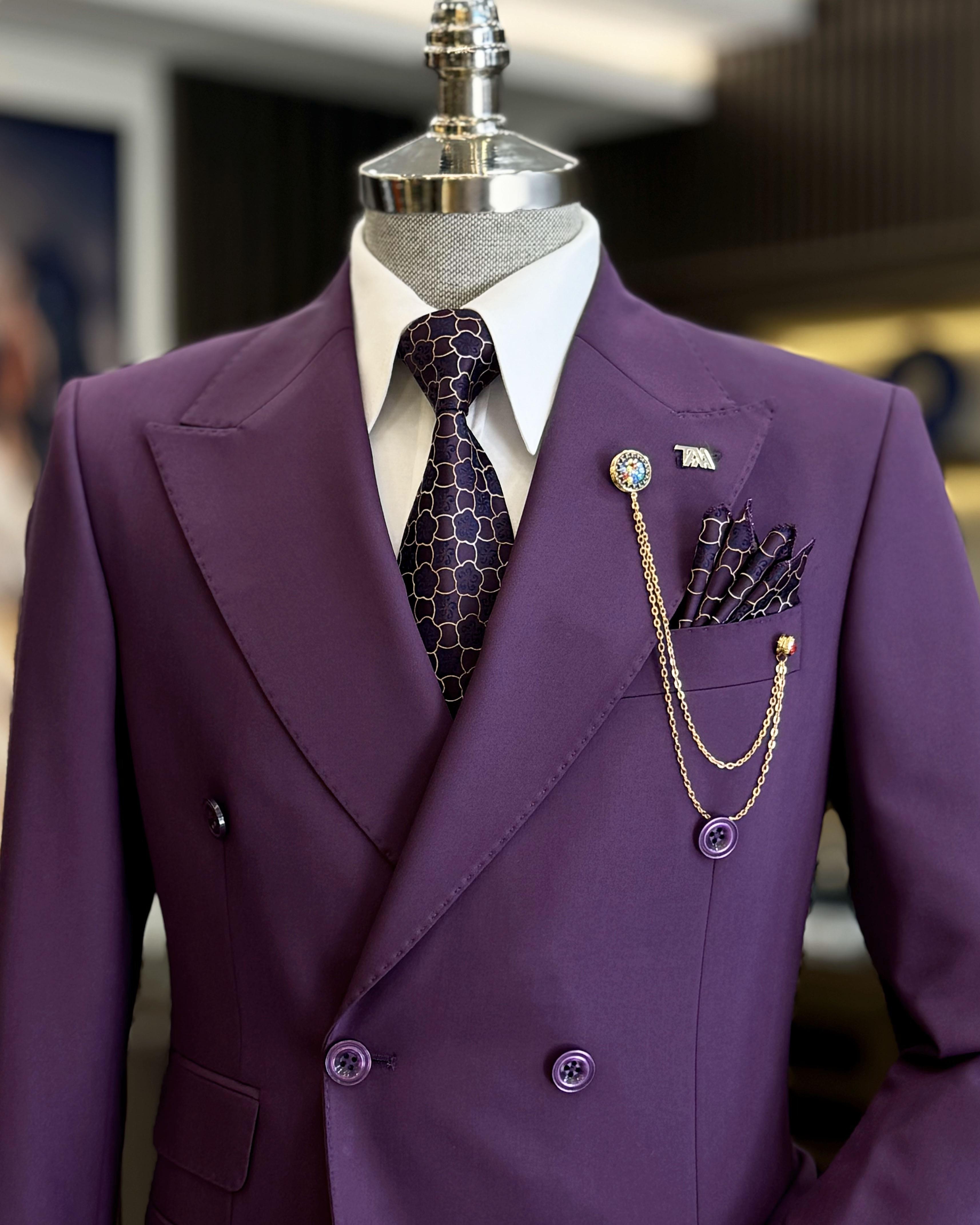 Modern Purple Peaked Lapel Double Breasted Prom Suits