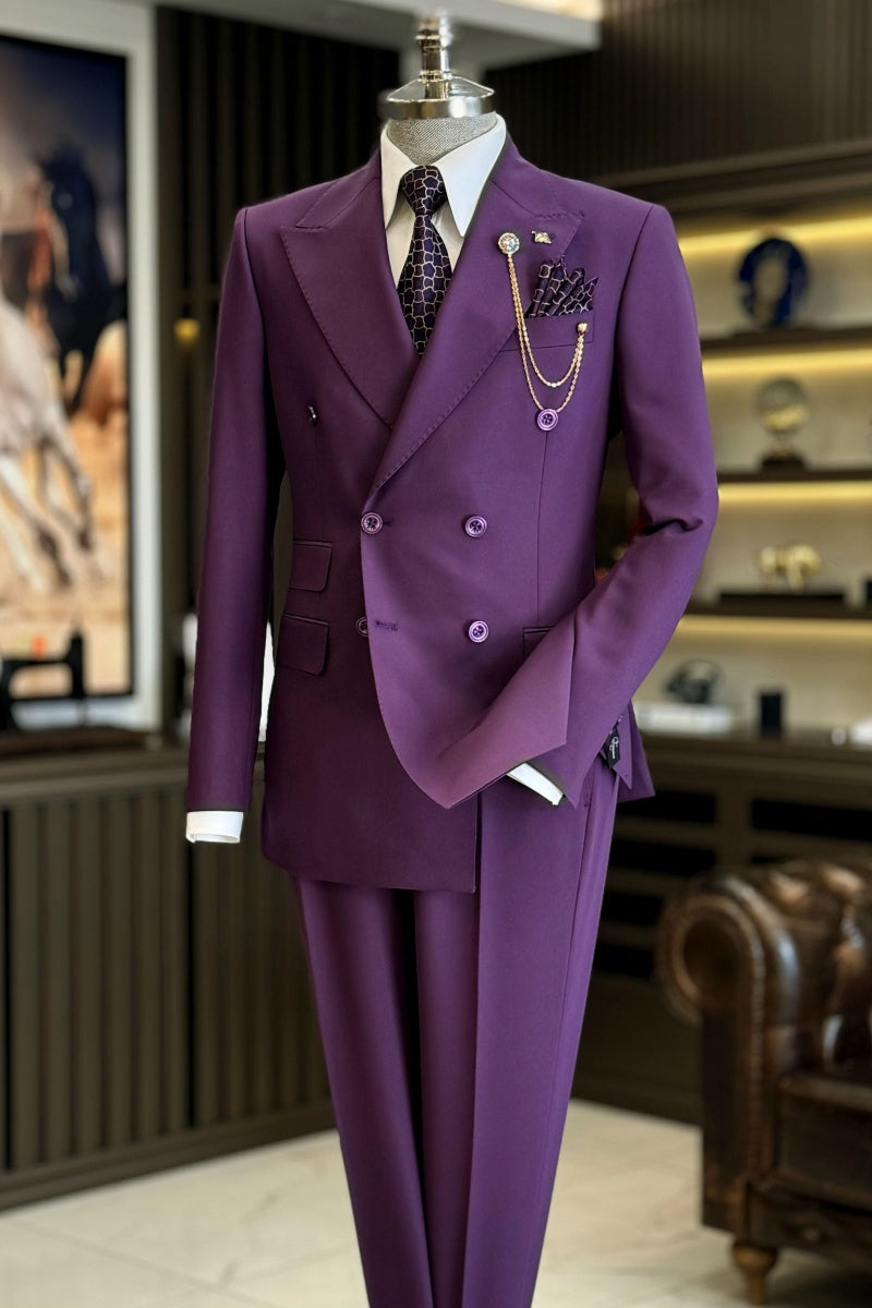 Modern Purple Peaked Lapel Double Breasted Prom Suits