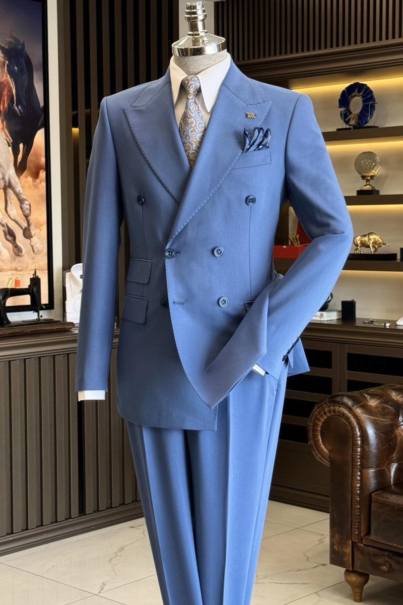 Newest Light Blue Peaked Lapel Double Breasted Men’s Suits