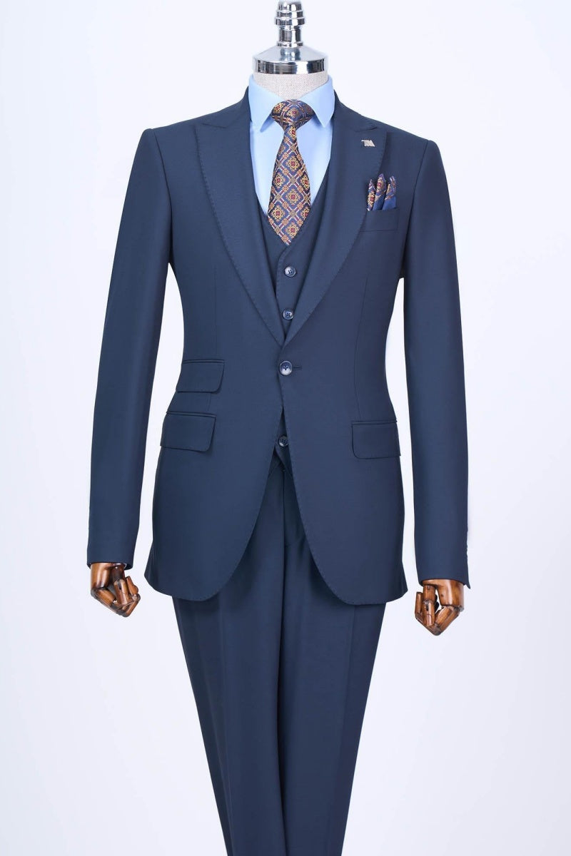 Bespoke Dark Blue Chic Peaked Lapel Men's Formal Suits With Waistcoat