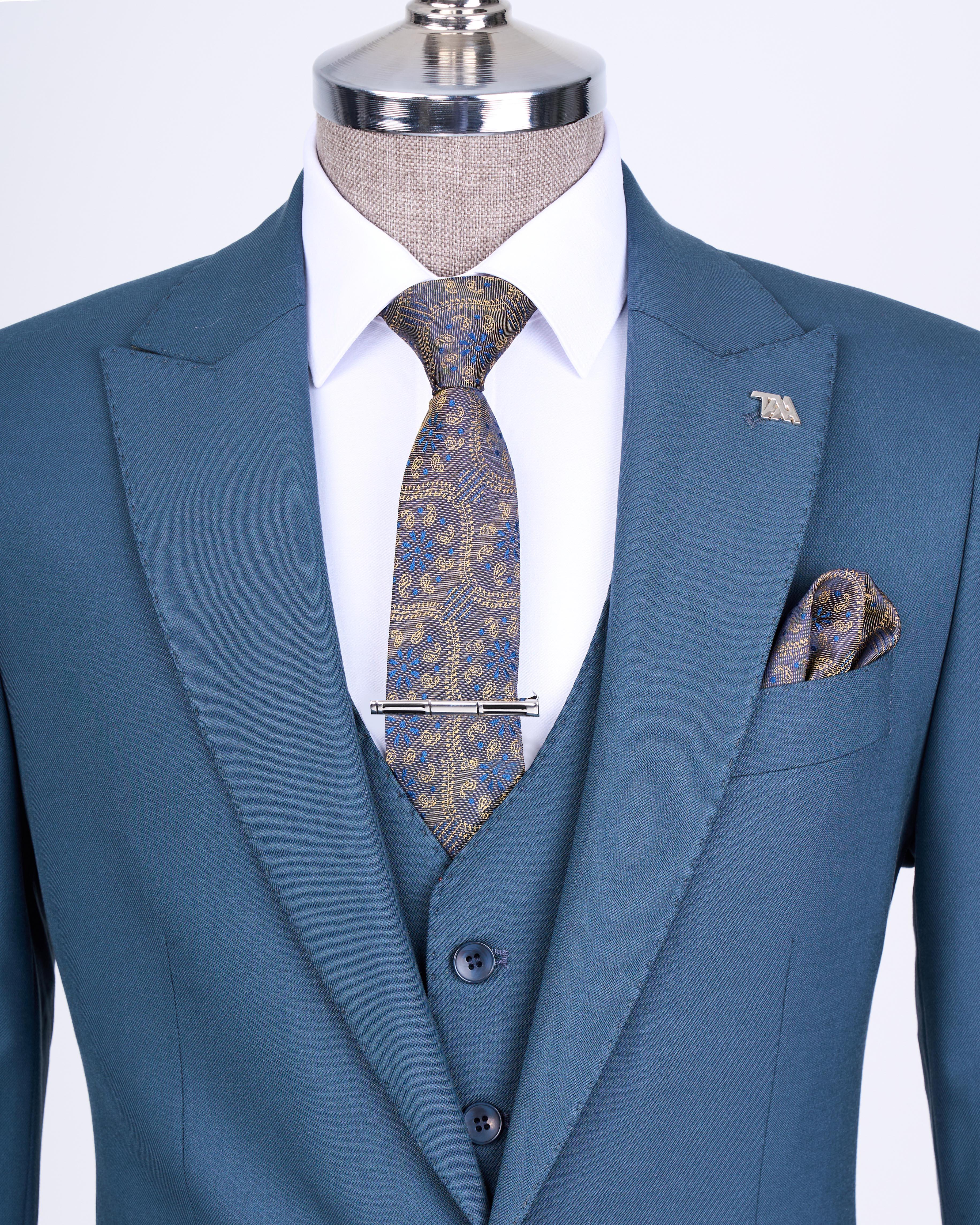 Chic Blue 3 Pieces Peaked Lapel Close Fitting Men's Suits