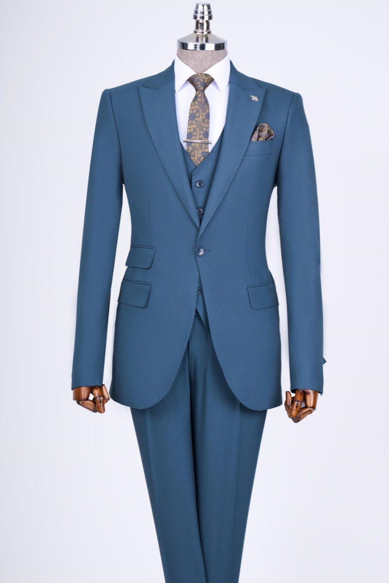 Chic Blue 3 Pieces Peaked Lapel Close Fitting Men's Suits
