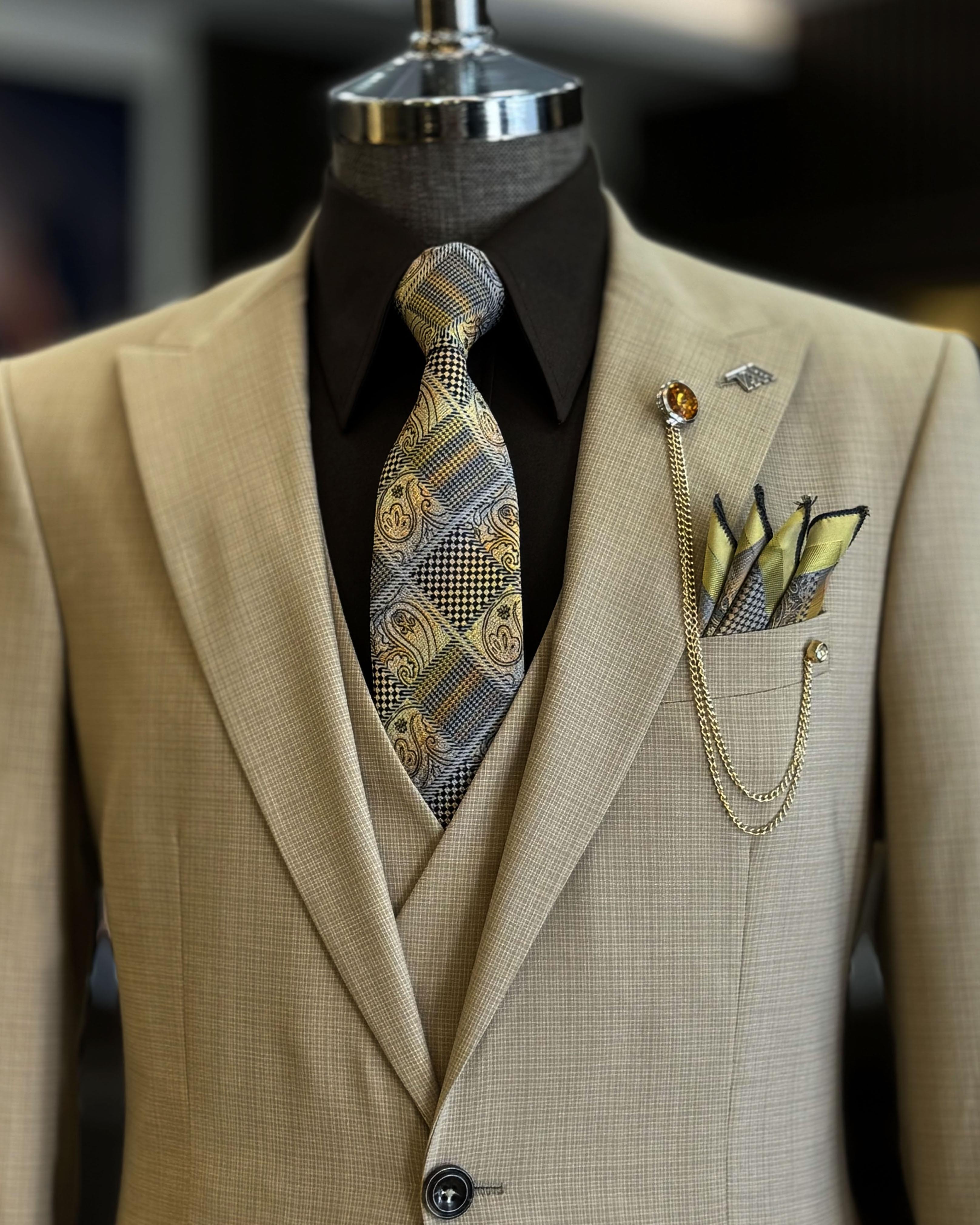 Stylish Light Khaki 3 Pieces Slim Fitting Formal Suits