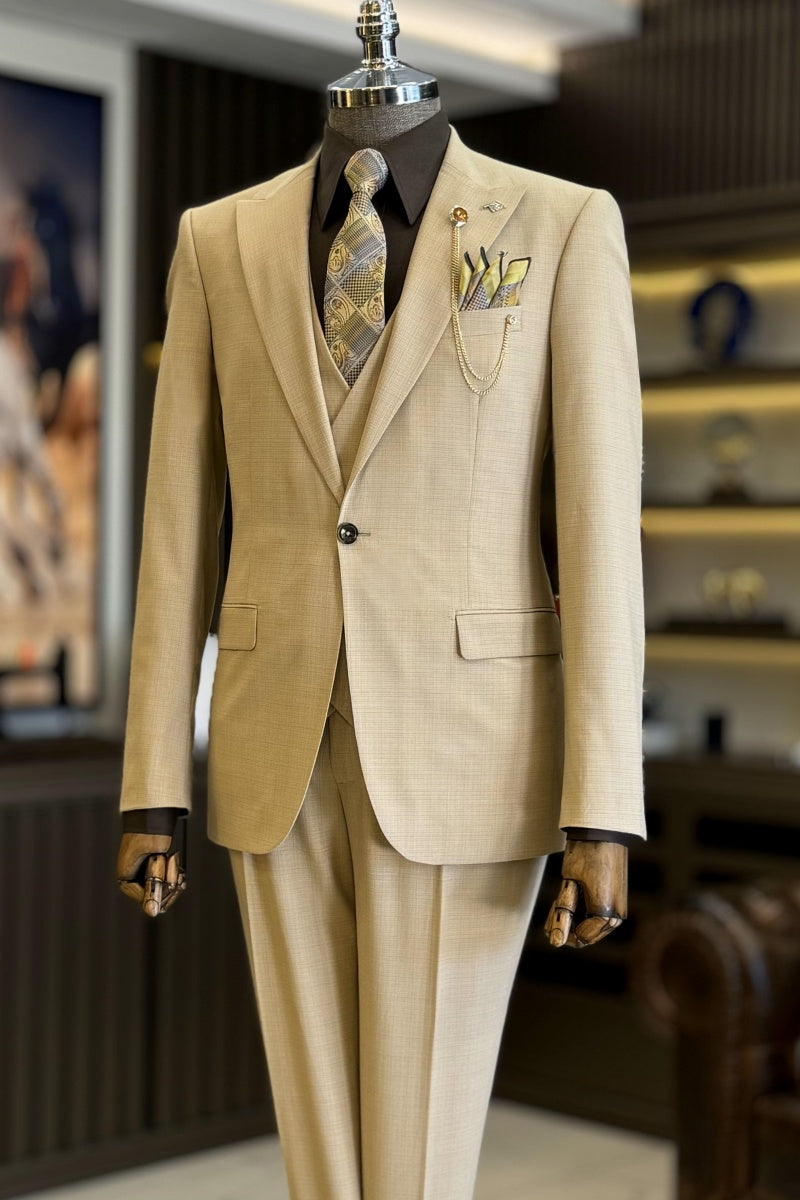 Stylish Light Khaki 3 Pieces Slim Fitting Formal Suits