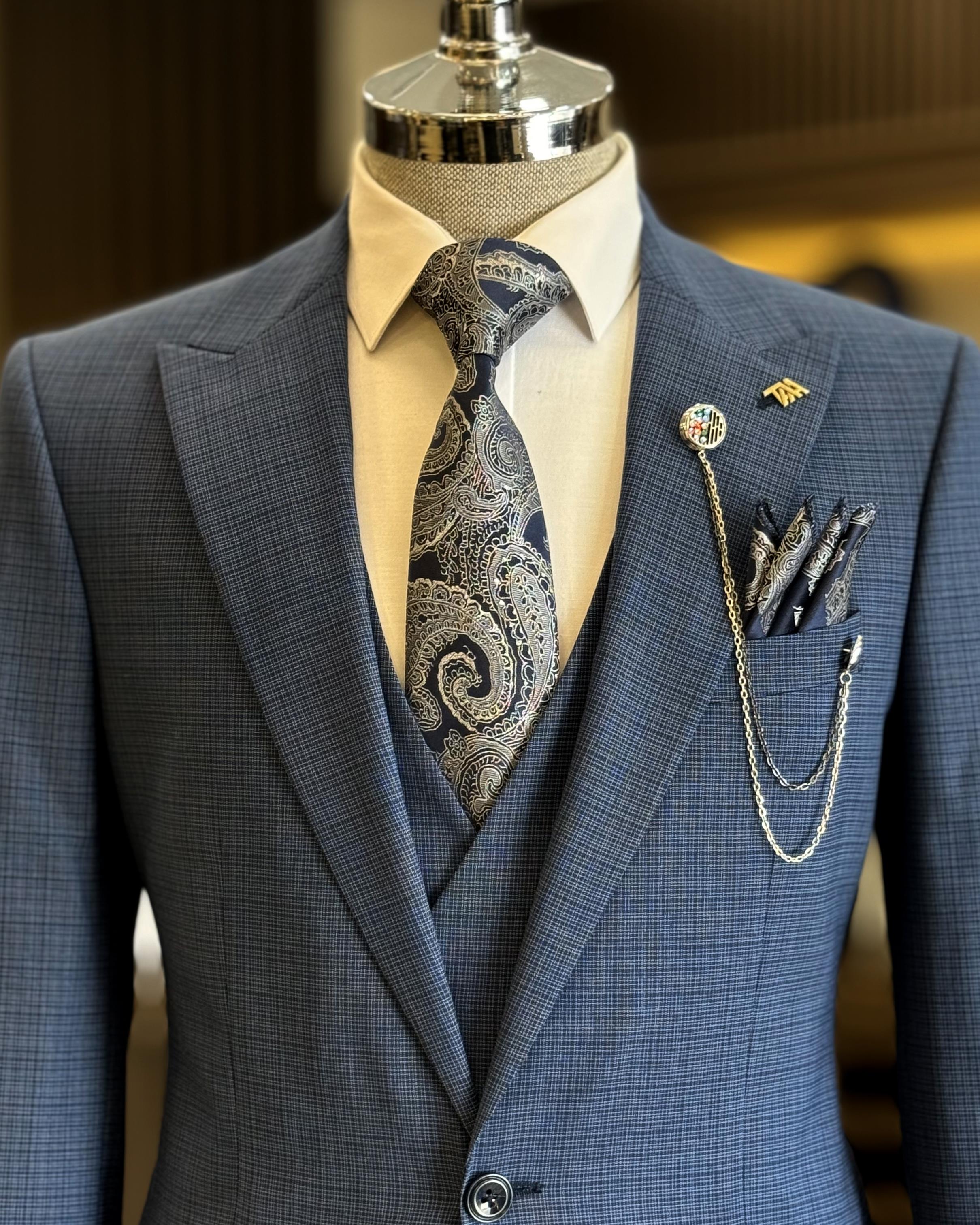 Modern Blue Newest  Bespoke Men's Formal Suits With Waistcoat