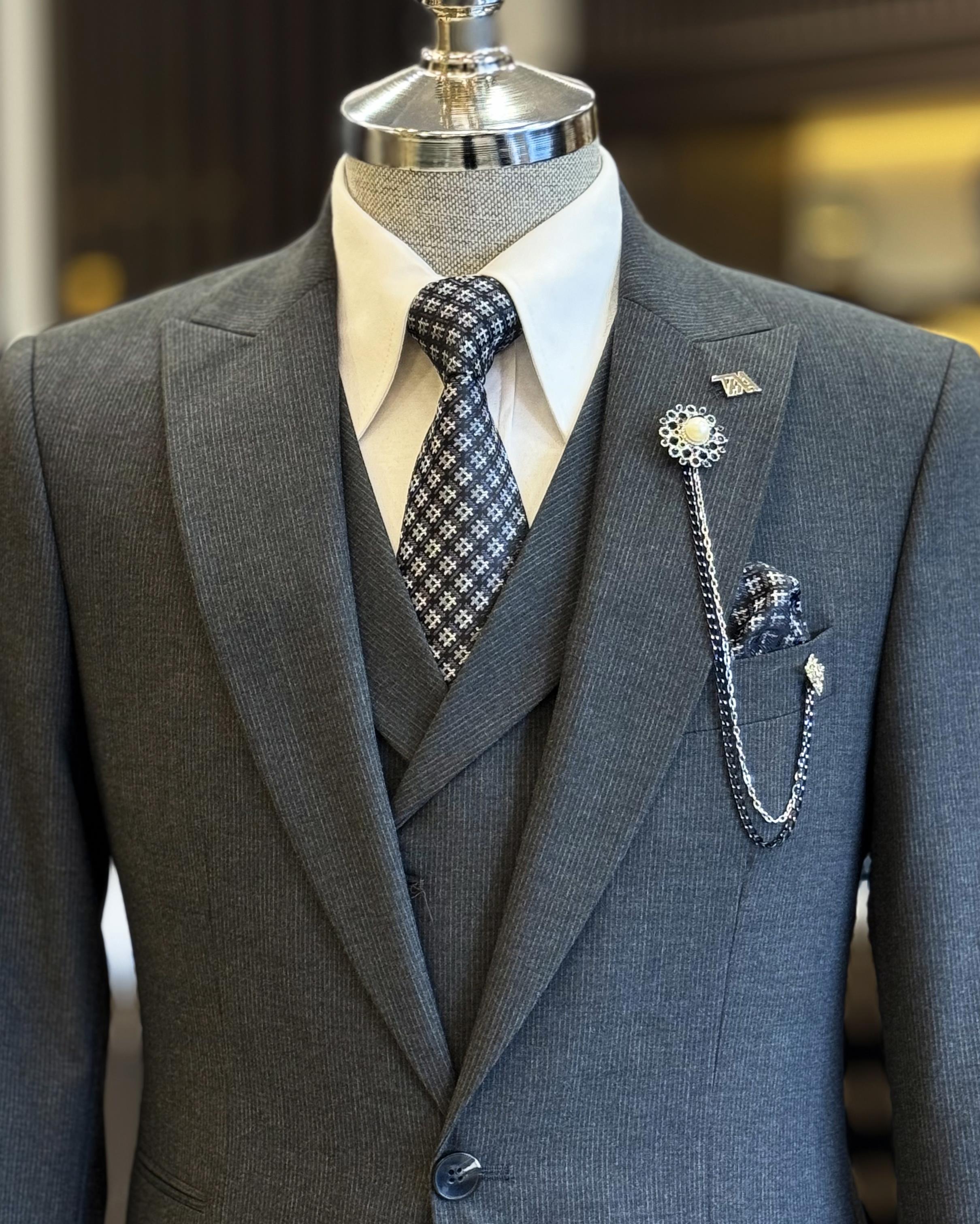 Modern Dark Gray Slim Fit Men's Formal Suits With Waistcoat In Stock