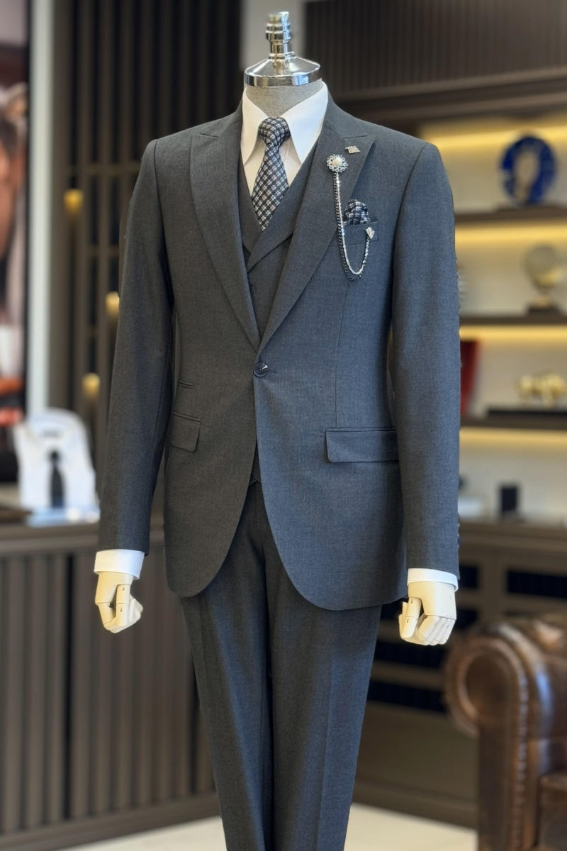 Modern Dark Gray Slim Fit Men's Formal Suits With Waistcoat In Stock