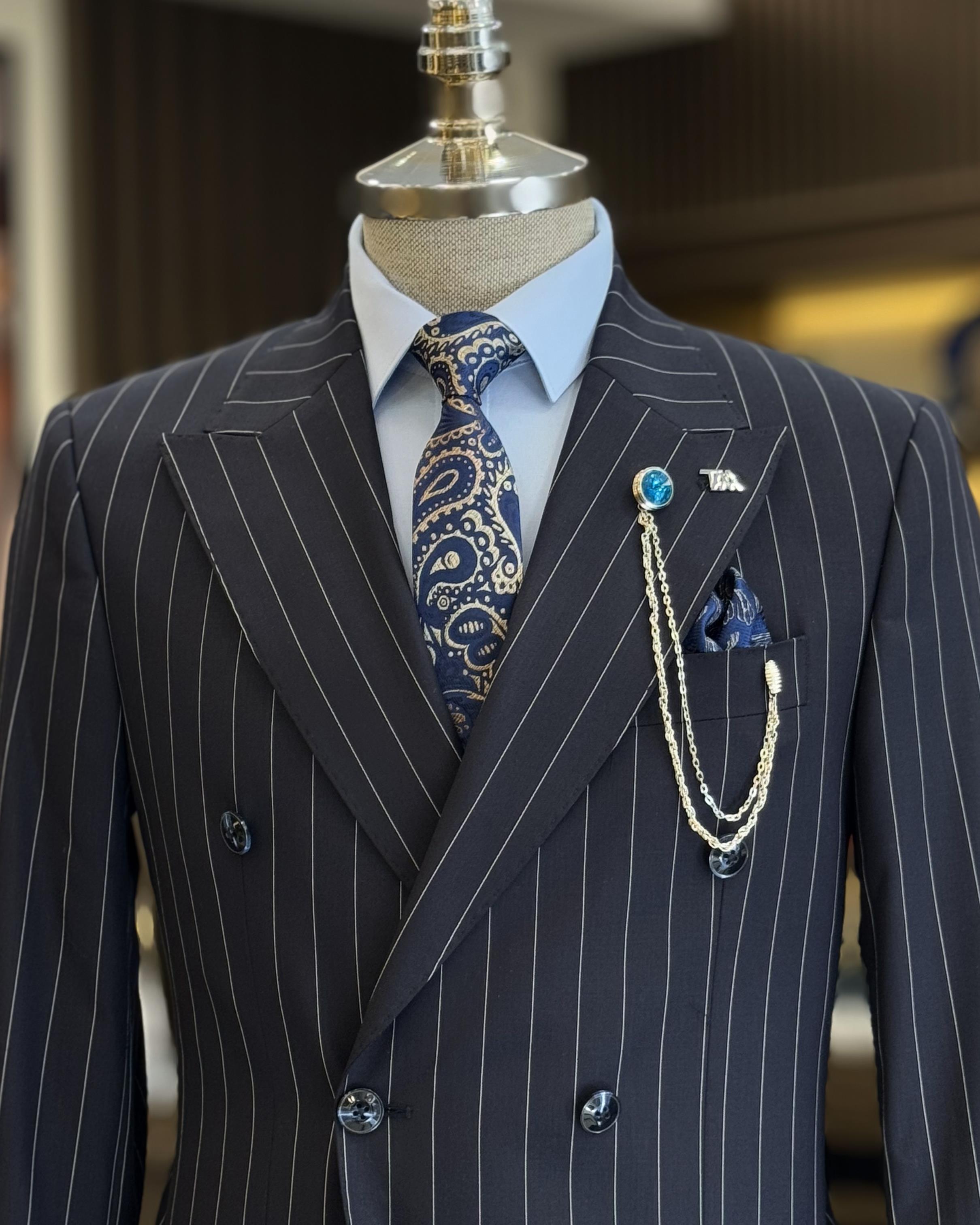 Chic Dark Blue Double Breasted Pinstriped Men's Formal Suits